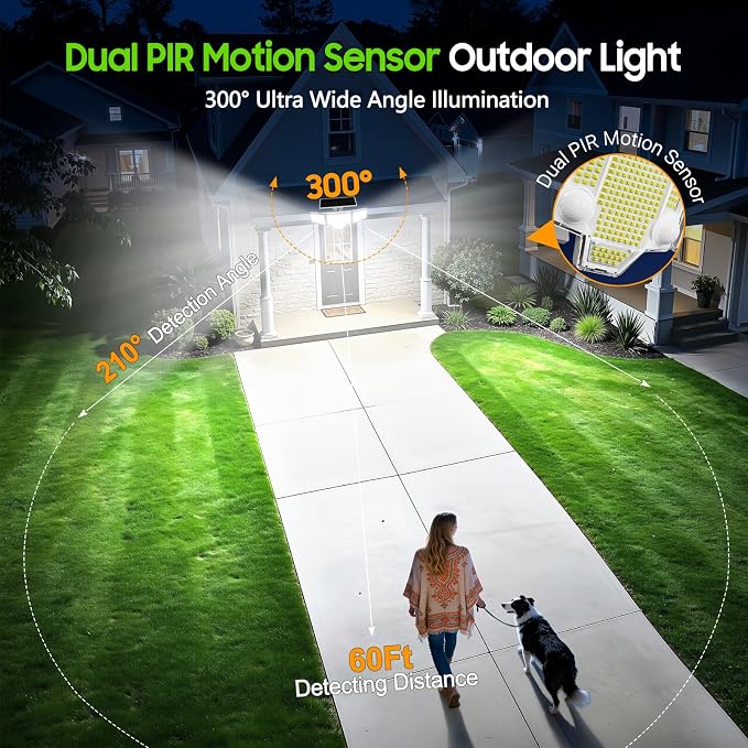 Solar Lights Outdoor White,Dual PIR & Curved 300° Wide Beam, 4000LM Solar Flood Lights Larger 3500mAh, Adjustable Solar Security Spot Lights Waterproof for Yard-2Pack