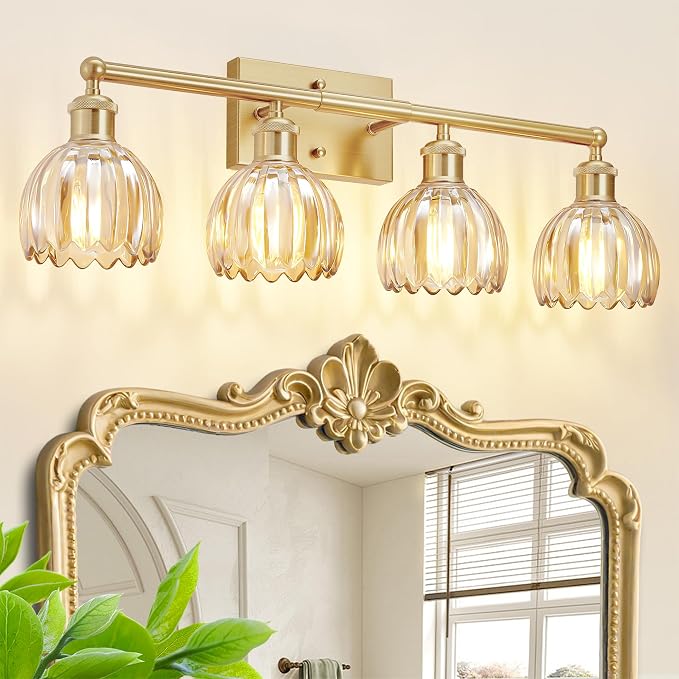 Bathroom Light Fixtures Over Mirror, 27.2 in Vintage Bathroom Light Fixture 4 Light,Antique Brass Wall Sconce with Amber Tulip Glass Shade for Bedroom Living Room,Foyer,Hallway, E26 Base