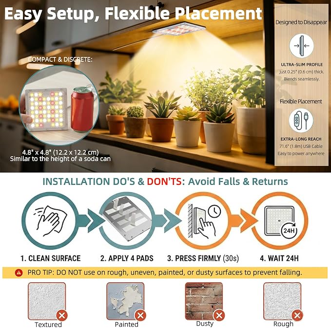 Under Shelf Grow Light, Stick On LED Plant Light, Indoor Plants with Timer | USB Powered Under Cabinet Grow Light, Full Spectrum 3500K High PPFD Puck Light for Shelves, Terrarium & Indoor Plants