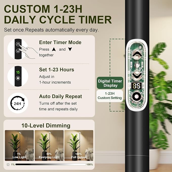 Grow Light for Indoor Plants, 60W Full Spectrum LED 85” Tall Standing Plant Light, Custom 1–23H Daily Cycle Timer, Digital Display, 10-Level Dimmable, 4000K