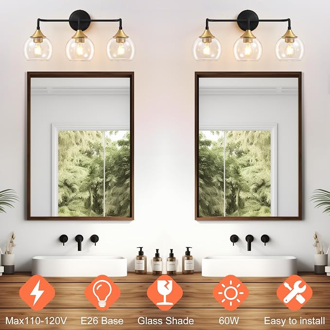 Bathroom Light Fixtures 3-Light Black and Gold Vanity Light 22" | Farmhouse Bathroom Lights, Thickened Clear Glass Shade, UL E26 Dimmable Vanity Lighting Fixtures Over Mirror