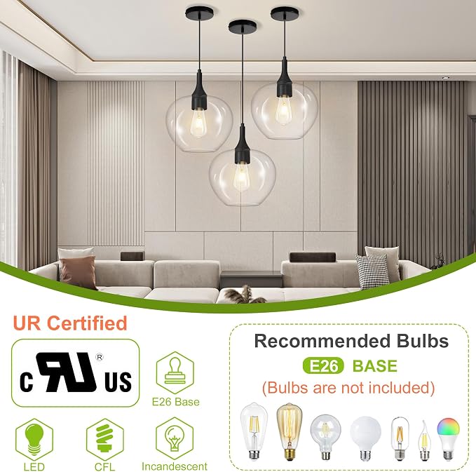 9.45in Black Pendant Lights Kitchen Island with Clear Glass Shade 1Pack | Handcrafted Glass Pendant Light Fixtures, UL Certified, E26 Base 100W Max, Height-Adjustable, Dimmable Hanging Pendant Light