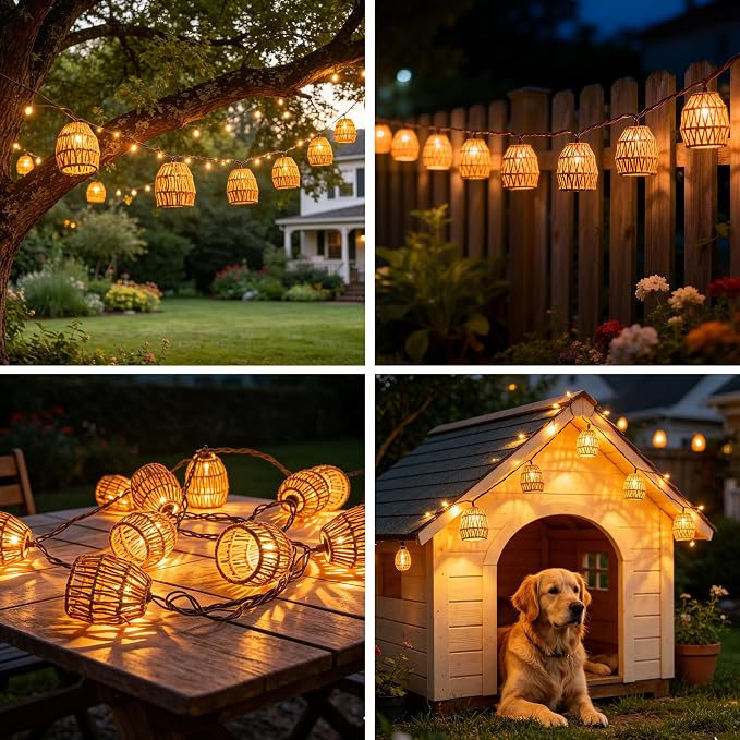 8.5FT Plug in Tiki Lantern String Lights,10 Boho Paper Rattan Lantern, Connectable Decorative String Lights Outdoor Indoor for Bedroom Patio Garden Pergola Porch Holiday Christmas