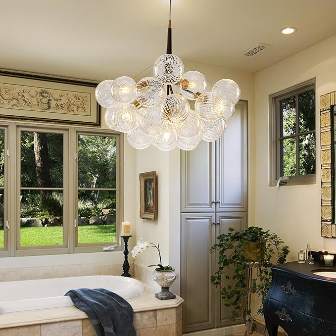 Mid-Century Bubble Ball Chandelier Black Gold 6-Light Cluster Clear Swirled Blown Glass Globe Pendant Light Dia 24" Chandeliers Lighting Light Fixtures for Dining Room Bathroom Island Entryway