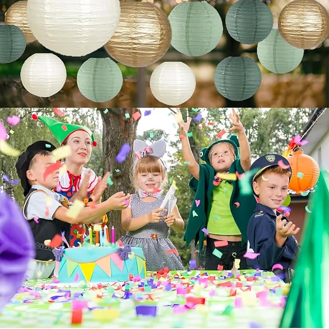 12Pcs Sage Green Paper Lanterns Decorative, Chinese Round Hanging Paper Lanterns Lamp for Wedding, Bridal, Outdoor Decor, Garden Decor, Home Decor, Party Decorations (Size of 6”, 8”, 10”, 12”)