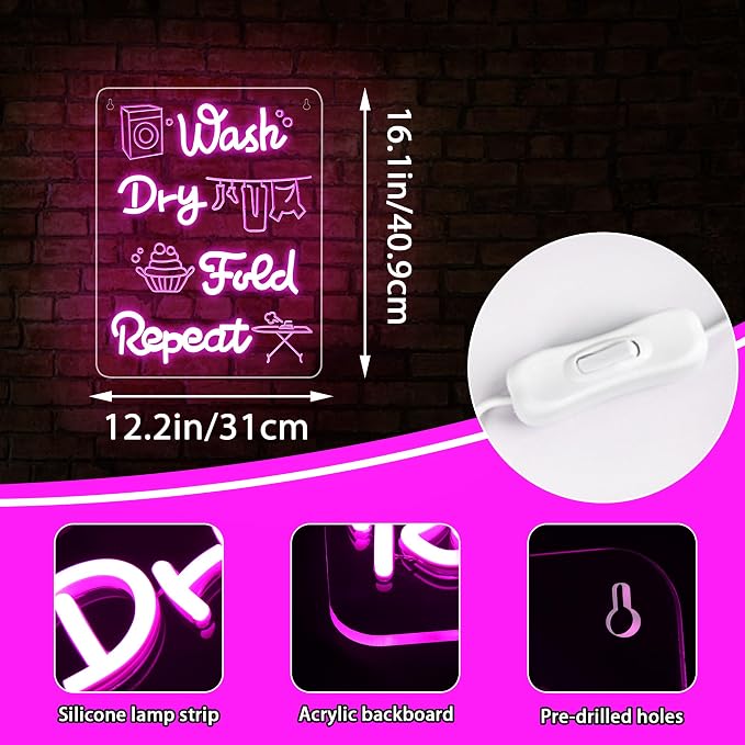 Wash Dry Fold Repeat Neon Sign for Wall Decor | Dimmable pink laundry neon light, bathroom home business wall decor, gift for home organizers, size 15.4*11.4 in