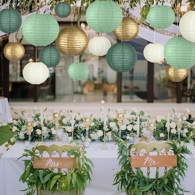15-Pack Sage Green Gold Paper Lanterns Party Decorations | Assorted 6, 8 & 10-Inch Hanging Lanterns for Baby and Bridal Showers, Graduations, Weddings, Birthdays and Outdoor Receptions