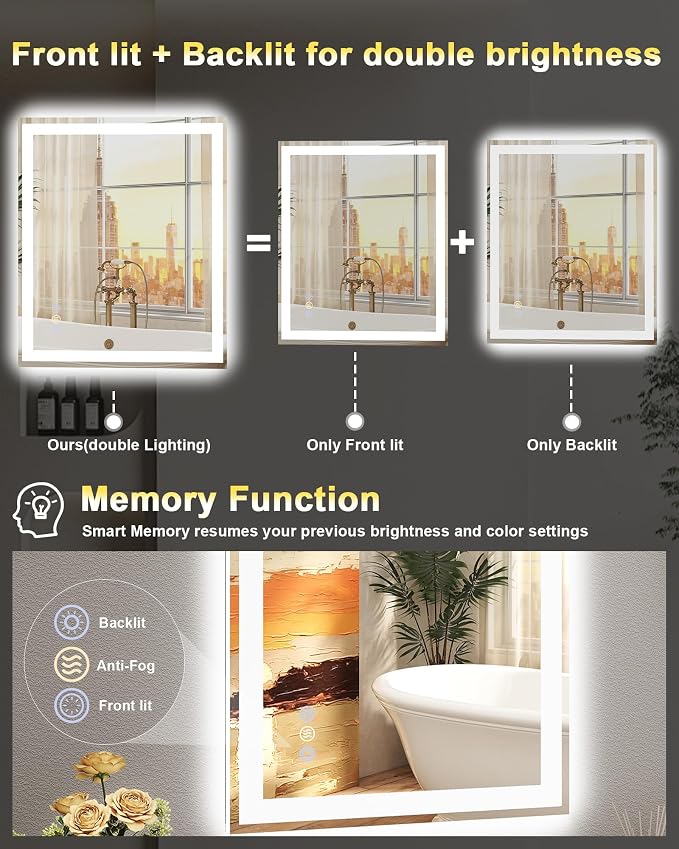 72x32 LED Bathroom Mirror, 6000LM, Separate Front and Back Lights | UL Certified,Shatter-Resistant Tempered Glass,Auto-Off Defogger,3 Color Modes,Smooth Dimming,Smart Memory Setting