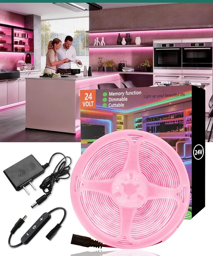 COB LED Strip Lights, 24V White Super Bright LED Tape Lights Dimmable,Flexible, 10ft High CRI95+ Flexible Light Strip for Kitchen Cabinet Stairs Bedroom Decor DIY (A4: Pink, 120, Inches)