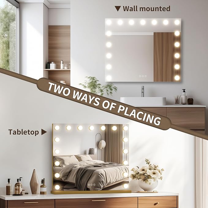 Vanity Mirror with Lights 23.6''x20.5'' Makeup Mirror with Lights Lighted Up Mirror with Dimmable Bulbs,3 Color Lighting Modes,USB Charging Port Touch Control Design Gifts for Women Gold