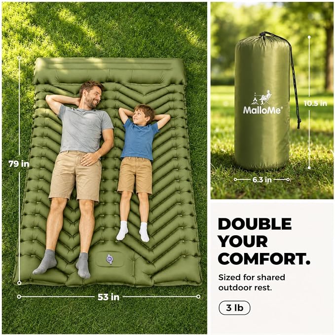 MalloMe Sleeping Pad for Camping, Camping Mattress - Bed for Outdoors Self-Inflating Air Mattress for Backpacking Leak-Resistant Inflatable Travel Mat w/Foot Pump Compact Ultralight Single & Double