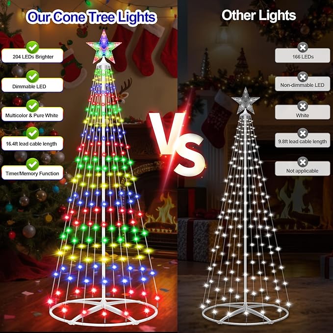 Prelit Christmas Cone Tree with Lights, 5FT 204 LEDs Small Christmas Tree Light with Remote Control, Timer, 11 Lighting Modes, Artificial Outdoor Christmas Tree for Yard Porch Lawn Decorations