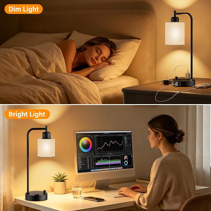 Industrial Table Lamps with Linen Shade, Set of 2 Fully Dimmable Bedside Lamps with USB A+C Ports and Outlet, Black Nightstand Desk Lamps for Bedrooms Living Room Office, 2 LED Bulbs Included