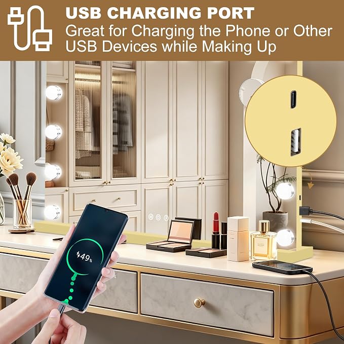 Ratsamee Gold Hollywood Vanity Mirror with Lights, 17 Dimmable Bulbs, 3 Color Lights,Make Up Lighted Mirror, Aluminum Metal Frame, USB Charging Port（28" x 20"）