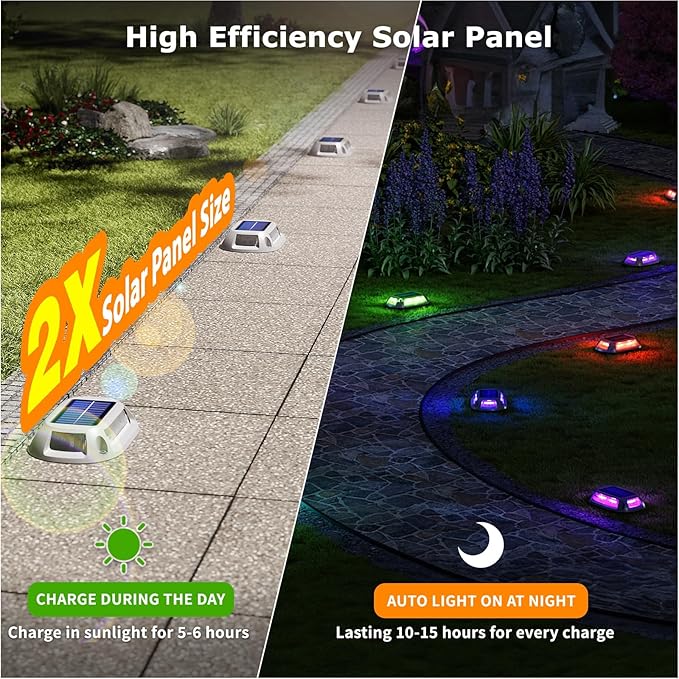 8Pack Aluminum Alloy Solar Driveway Lights, IP68 Solar Deck Light Marine Dock Lights Outdoor Waterproof, Multi-color LED Driveway Markers for Walkway, Path Decor [12Modes - Strobe/RGB/Fix-color]