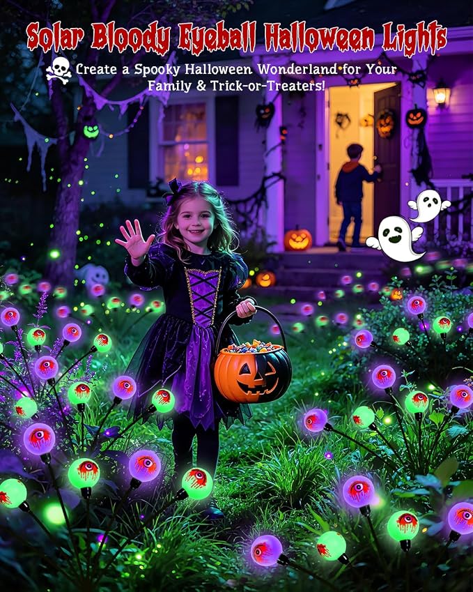 OZS 6 Pack 36 LED Solar Eyeball Lights for Outdoor Halloween Decorations | Purple & Green Solar Halloween Lights, Bleeding Eyes, Swaying by Wind, IP65 Waterproof, 2 Modes for Pathway Garden Yard Decor