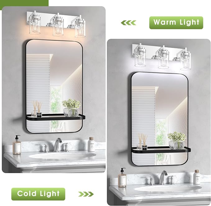 Chrome Light Fixtures, 3 Light Bathroom Vanity Light with Clear Glass Shade, 22in Modern Vanity Light, Bathroom Lighting Fixtures Over Mirror for Living Room