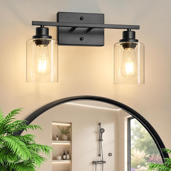 Ascher 2 Light Bathroom Light Fixture, Matte Black Bathroom Lighting Fixtures Over Mirror, Vanity Light with Clear Glass Shade, Wall Sconce for Living Room Bedroom Cabinet, E26 Base