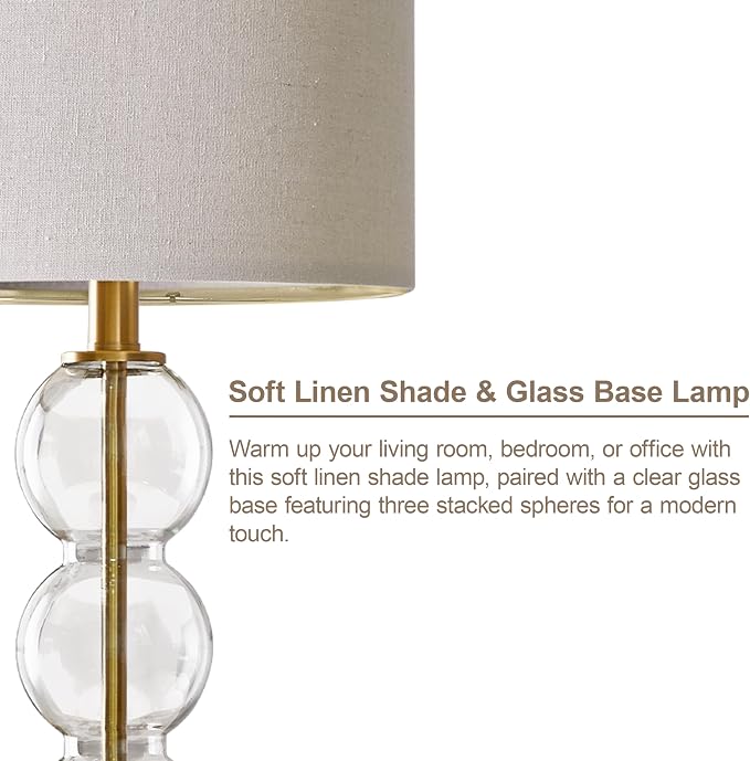 25" Glass Table Lamps Set of 2, Gold Modern Table Lamps with USB Ports for Living Room, Linen Shade Bedside Lamps for Bedroom, Nightstand, Side Table (Bulbs not Included)