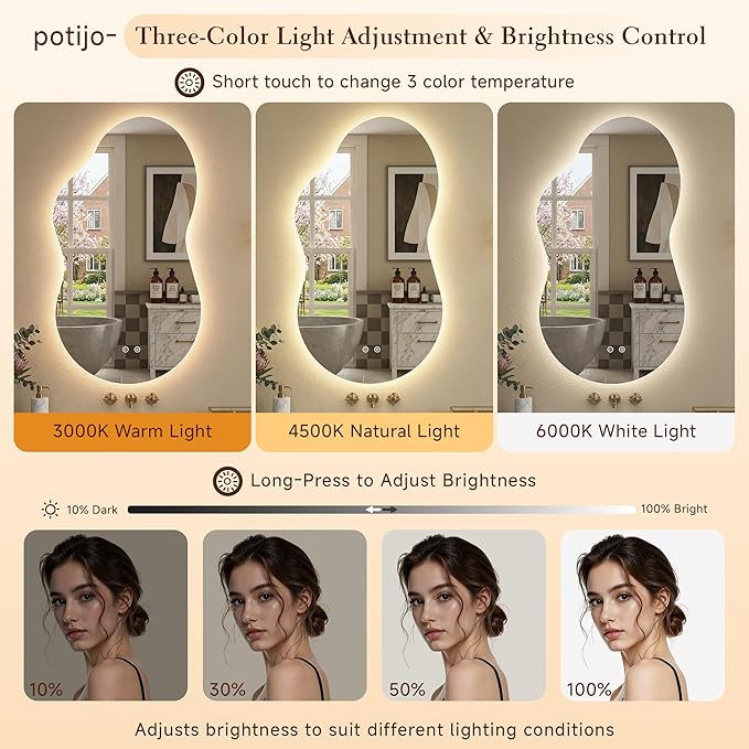 Irregular LED Mirror with Lights 40x24 Inch Backlit Asymmetrical Bathroom Mirrors for Wall Cloud Lighted Vanity Mirrors Shatterproof, Anti-Fog, Dimmable, 3 Colors (Horizontal/Vertical)