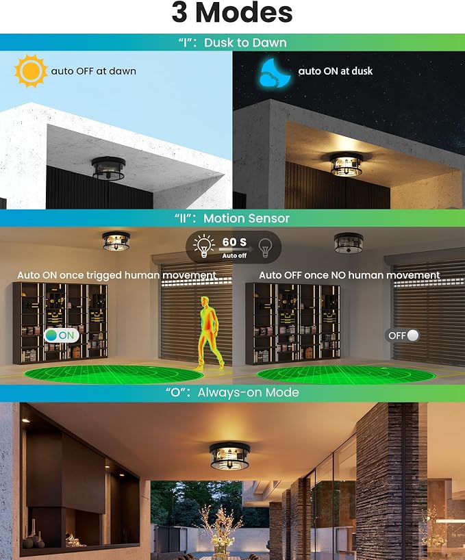 2Pack Outdoor Flush Mount Ceiling Light 12.5In - Motion Sensor Porch Light, 2-Light E26 Socket, Durable Iron & Clear Glass, Light Fixtures for Porch, Driveway, Covered Patio, Farmhouse