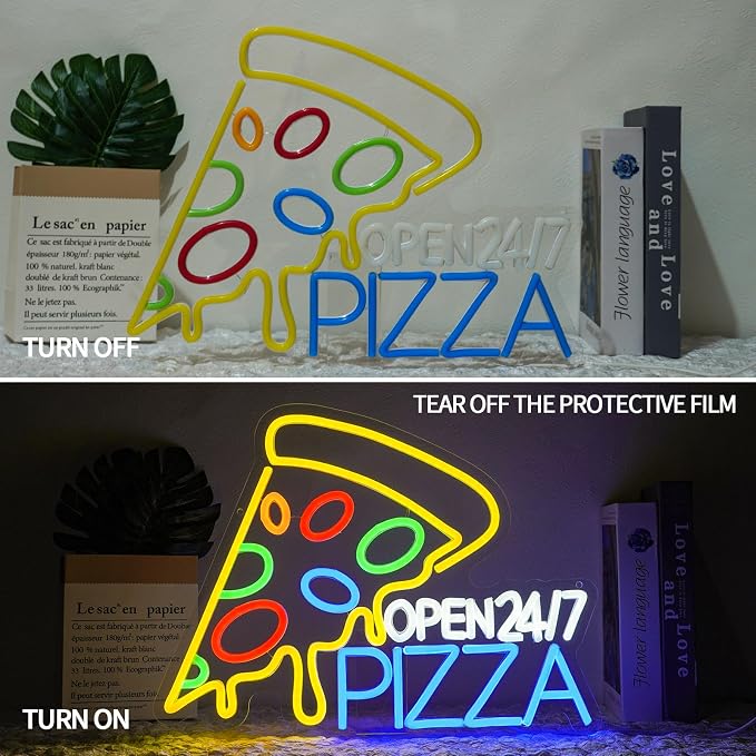 Pizza Open 24/7 Neon Sign Dimmable Food Neon Light Sign for Wall Decor Snacks Led Signs for Business Pizzeria Kitchen Restaurant Fast Food Store Dinning Room Bar Party Decor 16.5" x 12.6"