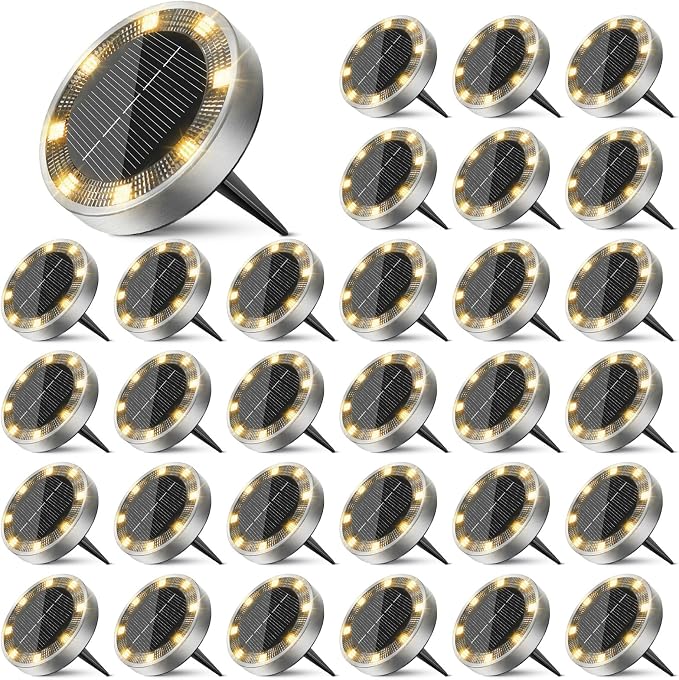 30 Pack Solar Ground Lights Outdoor, 8 LED Mini Flat Solar Disc Lights, IP65 Waterproof Pathway Lights Solar Powered, Landscape Lighting for Garden Walkway Driveway Yard Lawn,Warm White