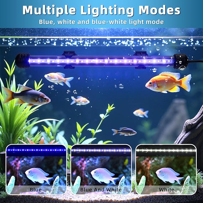 LED Submersible Aquarium Light 10W Underwater Fish Tank Light with Blue White&Blue and White Three Light Modes Timer Automatic On/Off and Dimmer Brightness Adjustable (19inch)