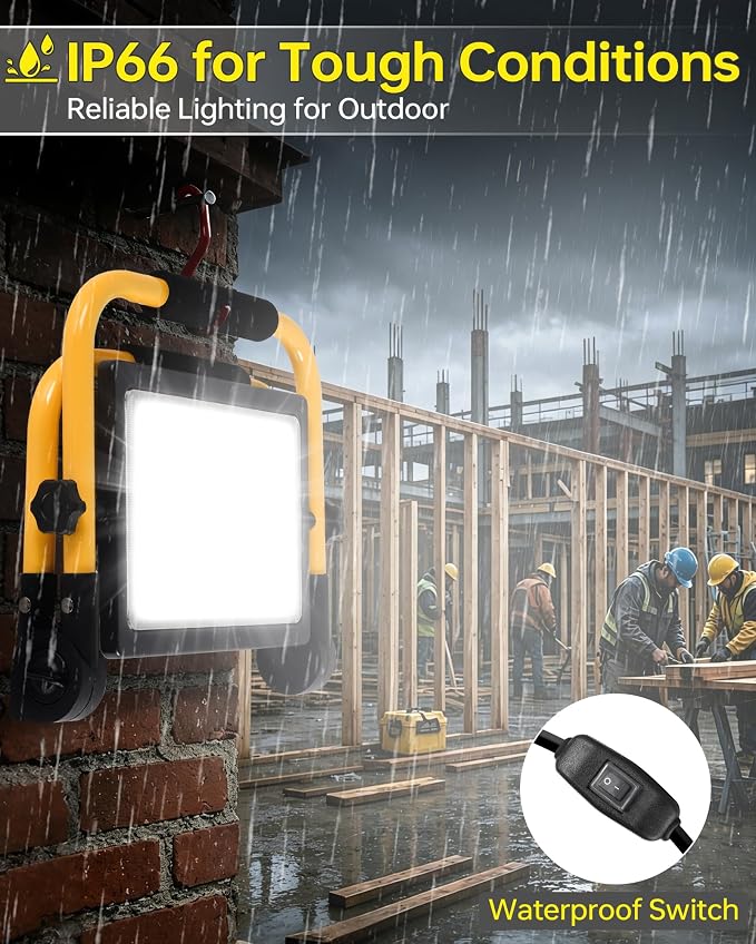 2 Pack 7200LM LED Work Light with Switch, IP66 for Garage Workshop | 60W Flood Light Outdoor, Portable Job Site Lighting with Stand, 5000K Daylight Worklight for Construction Car Repairing