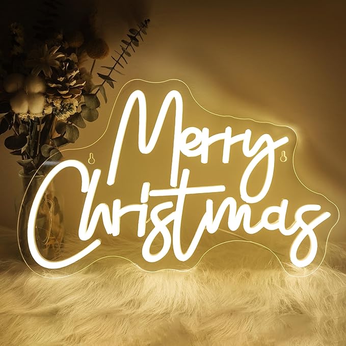 Merry Christmas Neon Sign, Warm White Christmas Neon Signs for Wall Decor, Dimmable Switch Neon Sign with Acrylic Board, Art Wall Decorative Night Light for Indoor Party Kids Bedroom Wedding Bar Pub Club Decor