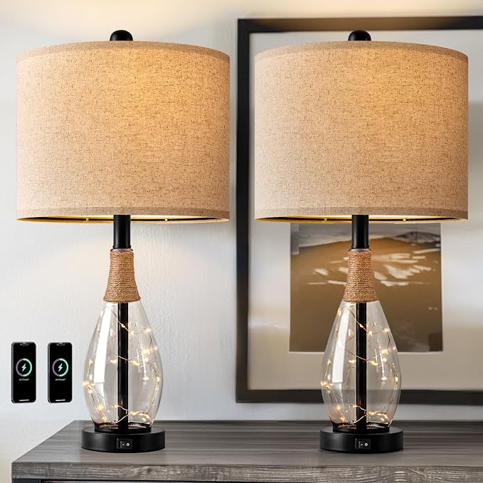 23" Table Lamps for Living Room Set of 2 Bedside Lamps for Night Stands Bedroom Lamps Farmhouse Rattan Boho Lamp Glass Nightlight End Table Lamp with USB C+A (Black),Two Light Points