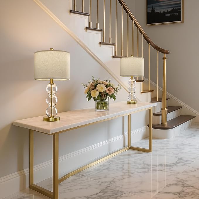 25" Glass Table Lamps Set of 2, Gold Modern Table Lamps with USB Ports for Living Room, Linen Shade Bedside Lamps for Bedroom, Nightstand, Side Table (Bulbs not Included)
