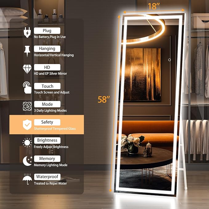 Hasipu Full Length Mirror with Lights, 58" x 18" LED Lighted Floor Standing, Full Body Dressing Hanging Mounted Mirror, Tempered Glass, Square White
