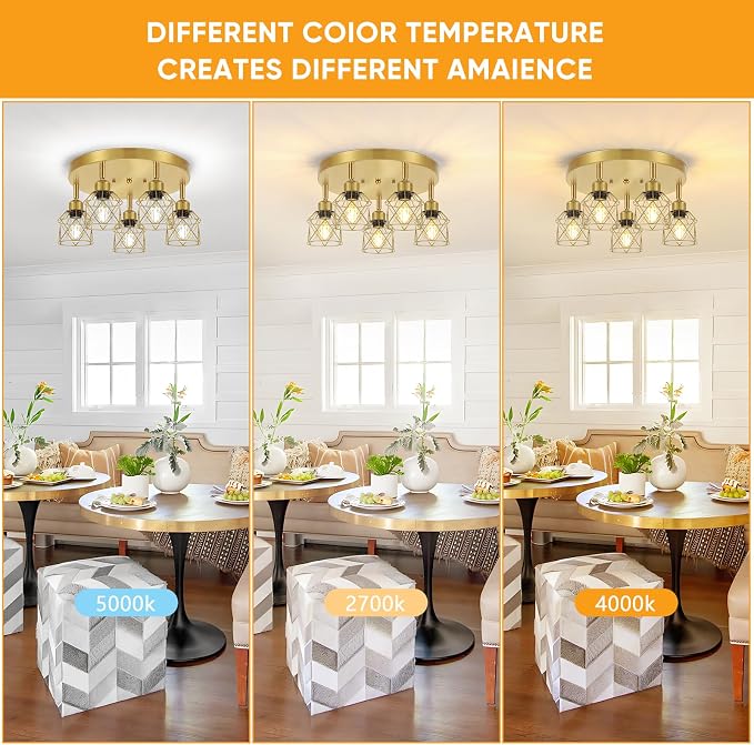 Baocuz 5-Light Semi Flush Mount Ceiling Light, Gold Kitchen Lighting Fixtures Ceiling with Metal Shade, Hallway Light Fixtures with Mini Cage for Entryway, Bedroom, Living Room