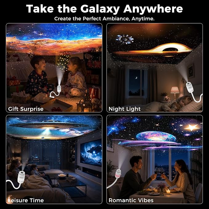 5D Holographic Night Light Projector | USB Mini Galaxy Light 6-Color Dimmable Night Light for Bedroom Ceiling Car