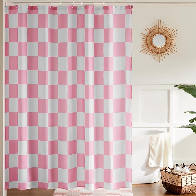 Ohocut Checkered Shower Curtain, Pink Shower Curtains for Bathroom, Cute Retro Checkboard Shower Curtain Vintage Aesthetic, Washable Fabric Bath Curtain 72''x72''