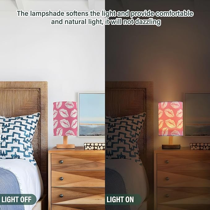 Sexy Lip Preppy Pink Colored Love Kisses Bedside Table Lamps with USB Port for Bedroom Lamp Table Lamp Small Nightstand Lamp Sturdy Linen Shade Wooden Decorative Lamps for Home Dorm Office Living Room