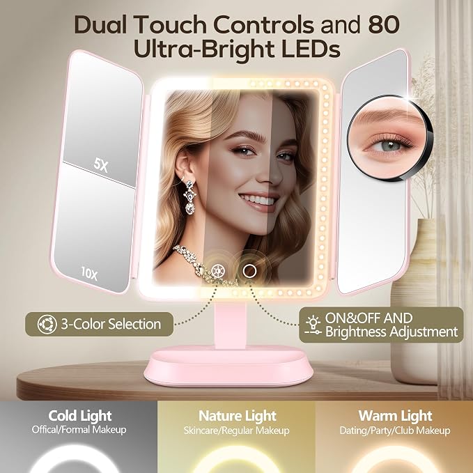 Makeup Mirror with Lights and 30X/10X/5X Magnification, Vanity Mirror with 3 Color Lights, Rechargeable, Detachable, Lighted Makeup Mirror with Magnification, Trifold Mirror, Gifts for Women
