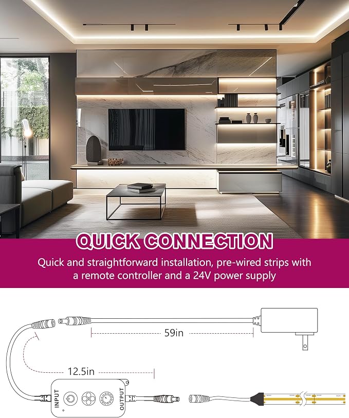 EMITEVER Neutral White COB Strip Light Kit 4000K,16.4ft 2400LEDs Dimmable | CRI 90+,305+LM/ft,ETL 24V 48W power supply & remote included,UL listed Strip for living room,kitchen,under cabinet & shelving