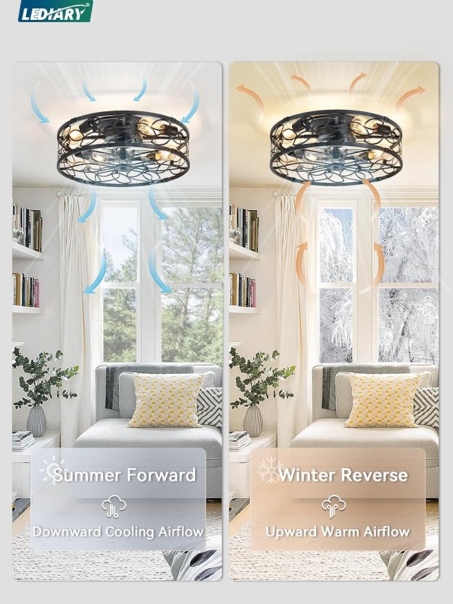 LEDIARY 20" Caged Ceiling Fan with Light, Flush Mount Fandalier with Remote | Low Profile, Farmhouse Small, Bladeless Industrial, Quiet DC Motor, App Control for Bedroom, Kitchen, Dining Room, Black