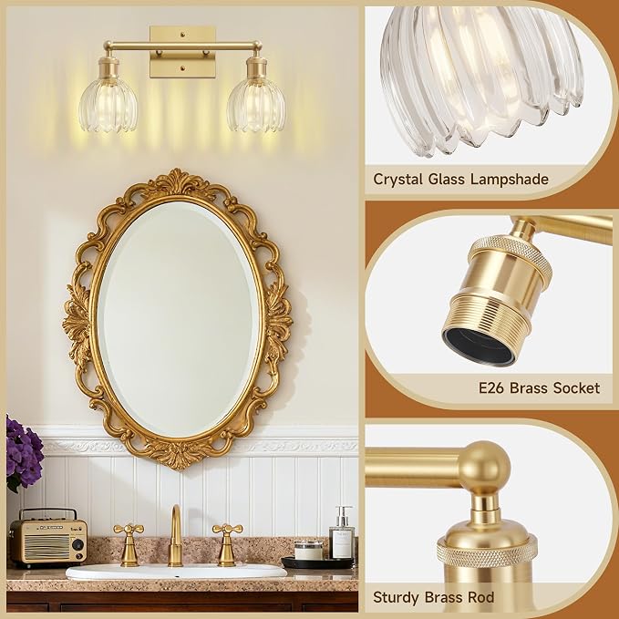 Vintage Bathroom Light Fixtures,2-Light Rustic Vanity Lights for Bathroom,Hallway,16.5 in Brass Vanity Lights,Tulip Light Fixtures for Mirror with Clear Tulip Glass Shade for Bedroom,E26 Base