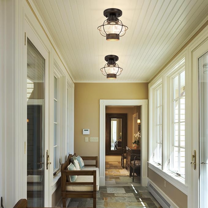 Porch Ceiling Light, Farmhouse Industrial Flush Mount, Glass Globe E26 | Indoor & Outdoor Use. For Hallway, Bedroom, Balcony, Stairway. Metal Build. Hardware Included. Easy Install.