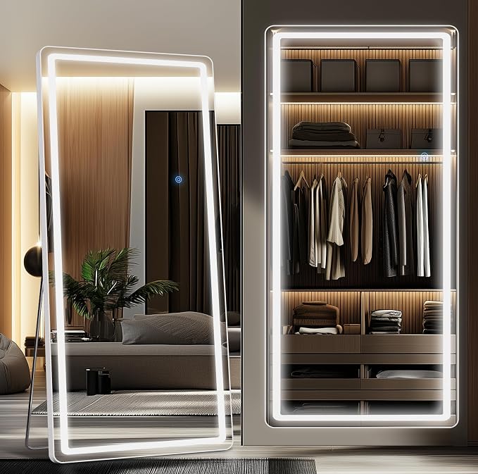 Antok LED Full Length Mirror with Light, 76"x34" Lighted Full Body Mirror with Stand, Dimmable & 3 Color Lighting Standing/Leaning/Wall Mounted Vanity Mirror for Bedroom Cloakroom Livingroom(Rect)