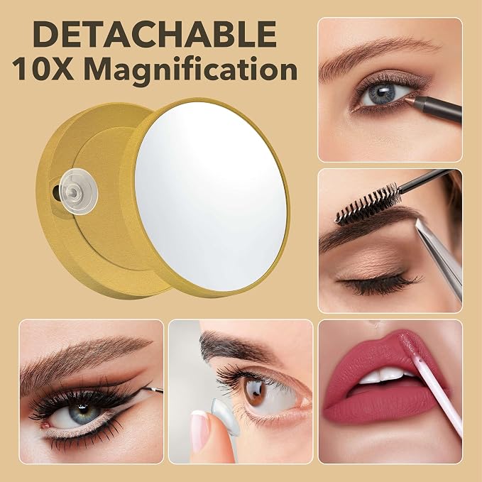 12"×13.9" Vanity Mirror with Lights, LED Makeup Mirror | Smart Touch, 3 Dimmable Colors, Memory Function, 10X Magnifying, for Desk, Bedroom, Dorm, Vanity