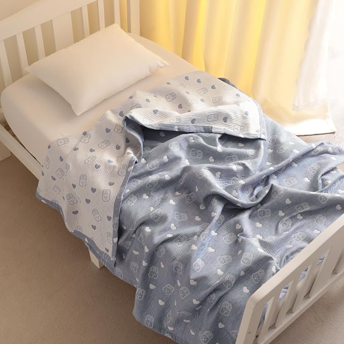 NTBAY 3 Layer Oversized Muslin Toddler Blanket, 45 x 60, Blue Rabbit | Muslin Cotton Outer Layers with Light Thermal Fiber Fill, Reversible Blanket for Daycare, Travel, Naps, and Supervised Use