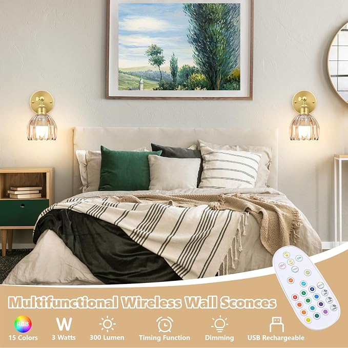 Vintage Battery Operated Wall Sconce, Amber Tulip Glass Lampshade Wireless Rechargeable Battery Powered LED Wall Light with Remote Dimmable for Bedside Bedroom Doorway Living Room, Set of 2