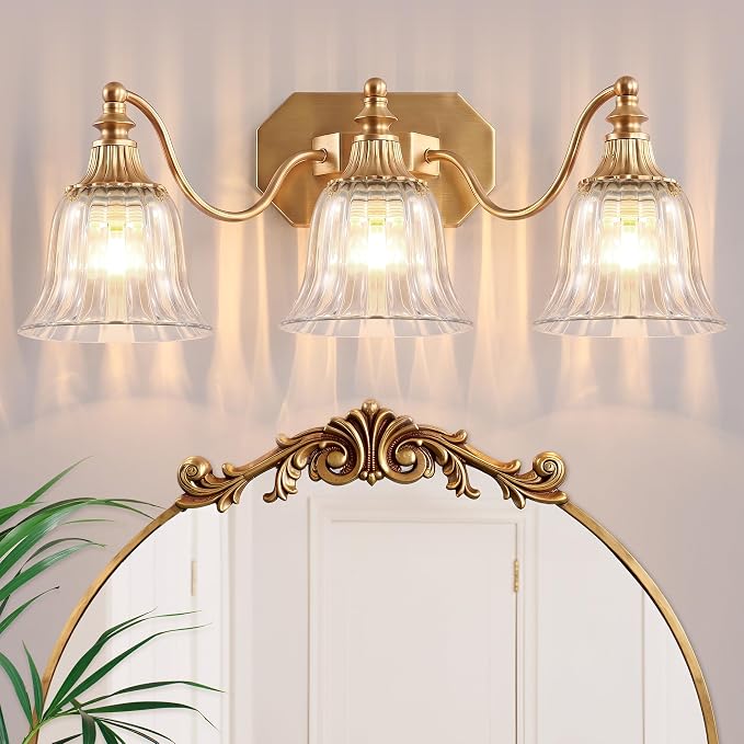 Brushed Gold 3-Light Bathroom Vanity Light, Crystal Glass Shade | Vintage Look, Antique Gold Finish, Solid Metal Frame, Wall Mount Lighting Fixtures Over Mirror, for Bathroom Restroom