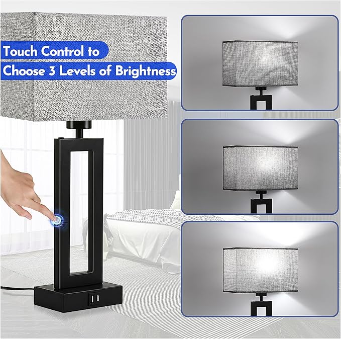 Modern Nightstand Lamps Set of 2 - Touch Control Bedside Table Lamps with USB C&A, 3 Way Dimmable for Bedrooms & Living Room, Gray & Black