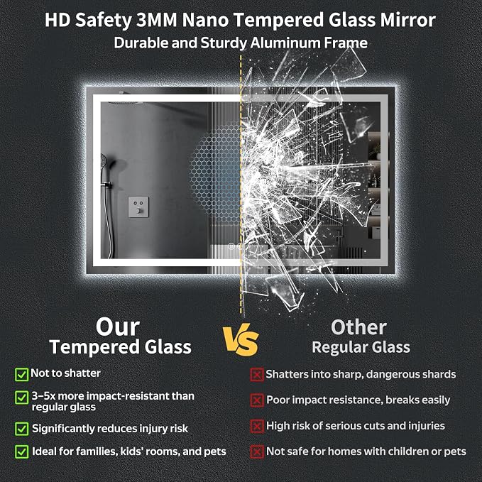 60"x36" LED Bathroom Mirror with Lights, Backlit+Frontlit, Anti-Fog | CRI 95, Stepless Dimmable, 3 Colors Lighting, Shatterproof Tempered Glass, HD Reflection, Memory, (Horizontal/Vertical)
