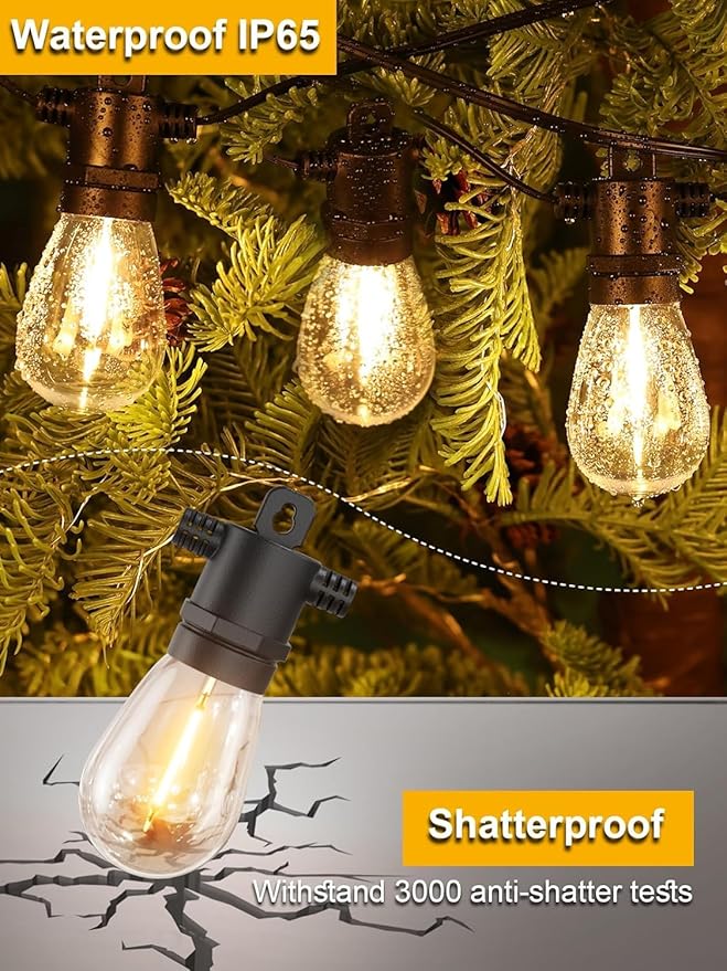 Svater Outdoor String Lights LED 25 FT, LED Patio Light Waterproof IP65 | Shatterproof S14 E12 Bulbs,Hanging Lighting for Outside Bistro Cafe Porch Party, ETL-Listed, Dimmable, Warm White